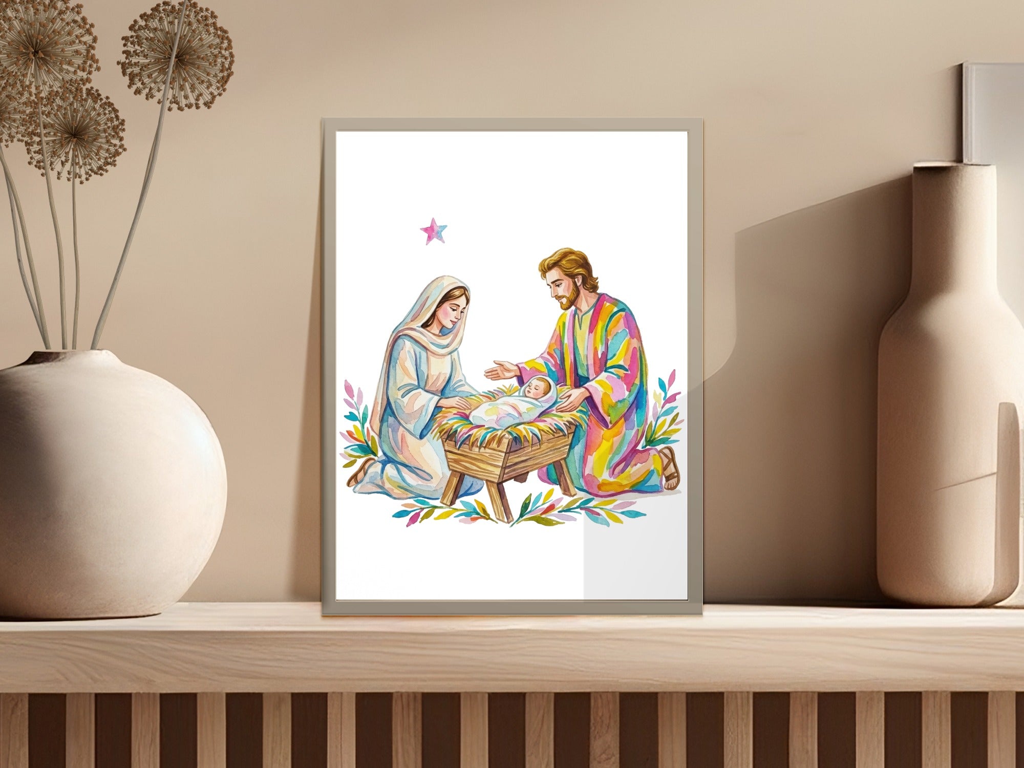Nativity scene with Mary, Joseph, and baby Jesus in a manger.