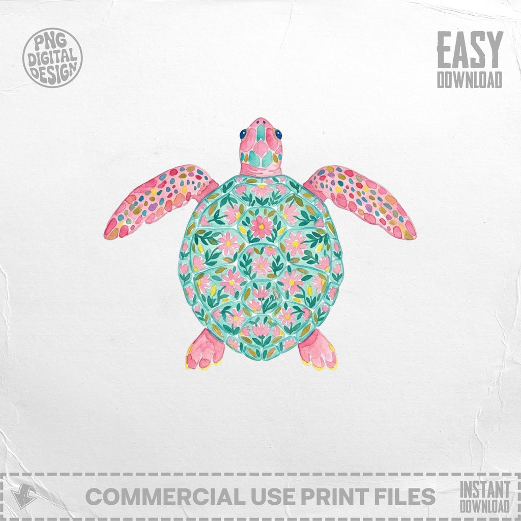 Watercolor sea turtle with floral pattern, "Easy Download" text.