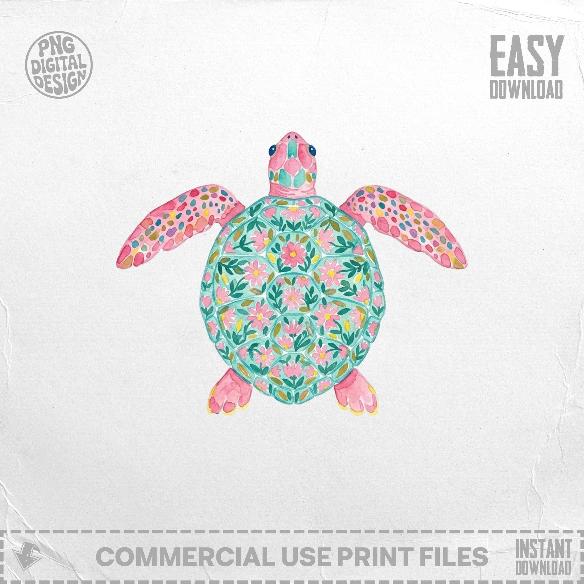 Watercolor sea turtle with floral pattern, "Easy Download" text.