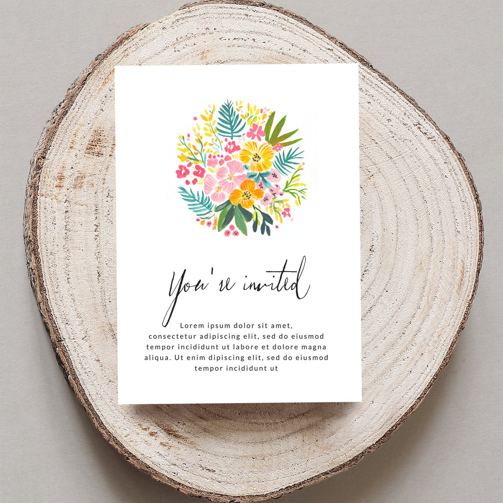 Invitation with floral design and "You're invited" text.