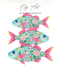 Three colorful fish with floral patterns stacked vertically.