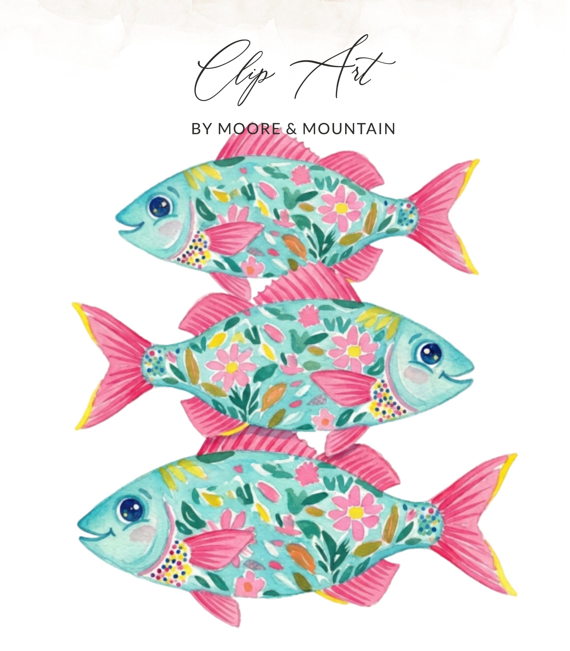 Three colorful fish with floral patterns stacked vertically.