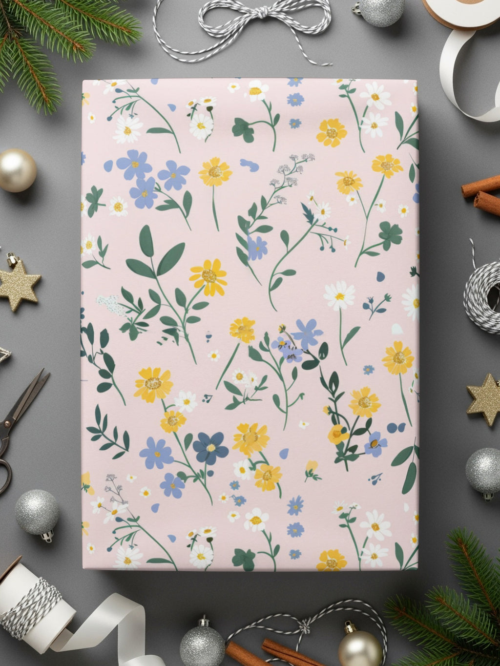 Floral Patterned Gift Wrap with Yellow and Blue Flowers