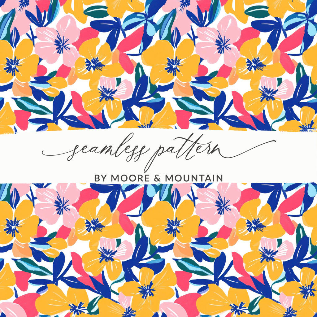 Seamless floral pattern with yellow, pink, and blue flowers on white background.