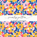 Seamless floral pattern with yellow, pink, and blue flowers on white background.