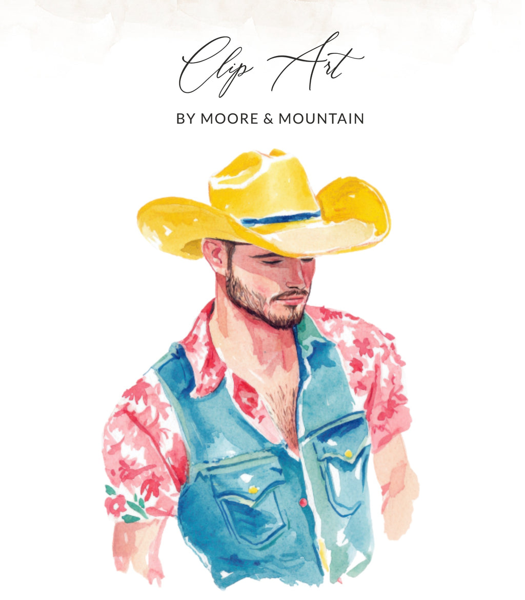 Watercolor illustration of a man wearing a yellow cowboy hat and denim vest.