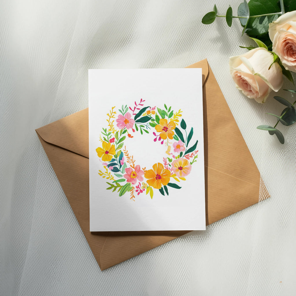 White card with floral wreath on brown envelope, soft pink roses.