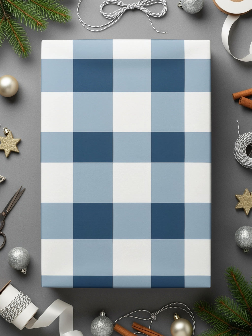 Blue and White Checkered Holiday Gift Wrapping Paper