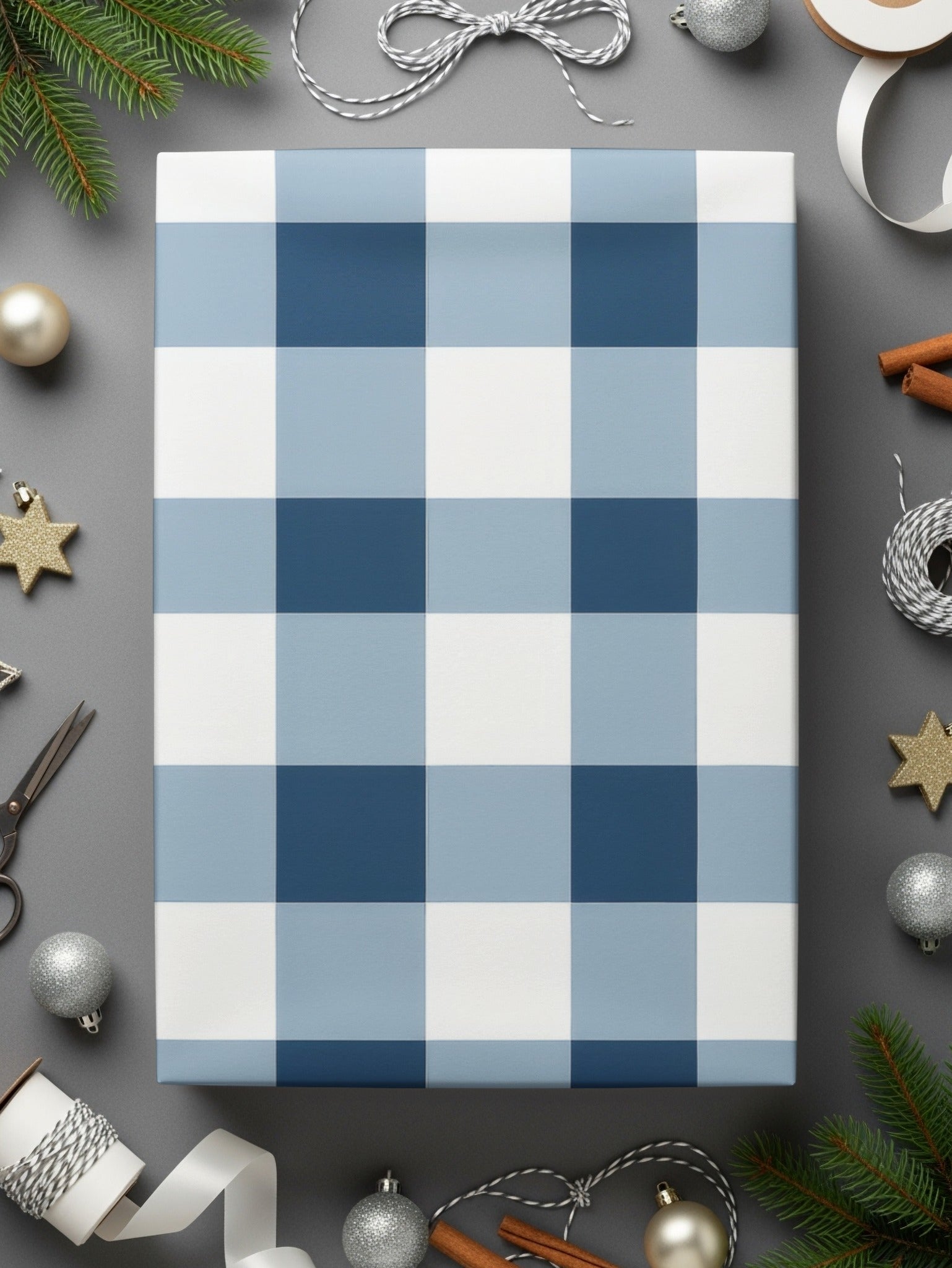 Blue and White Checkered Holiday Gift Wrapping Paper