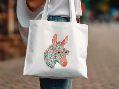 White tote bag featuring a colorful donkey illustration wearing glasses.