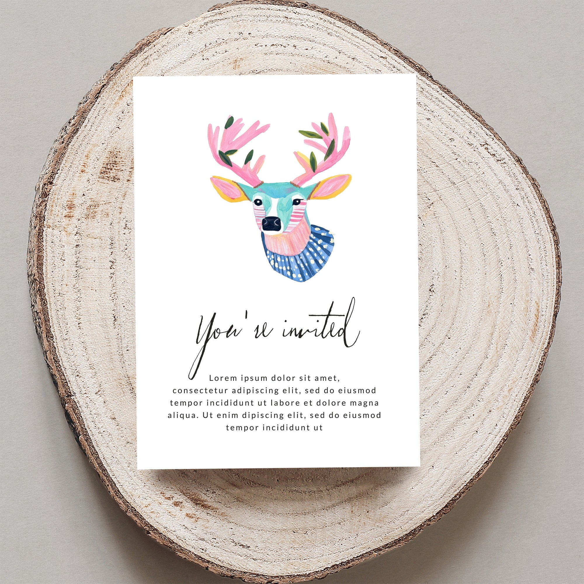 Invitation card with colorful deer illustration and "You're invited" text.