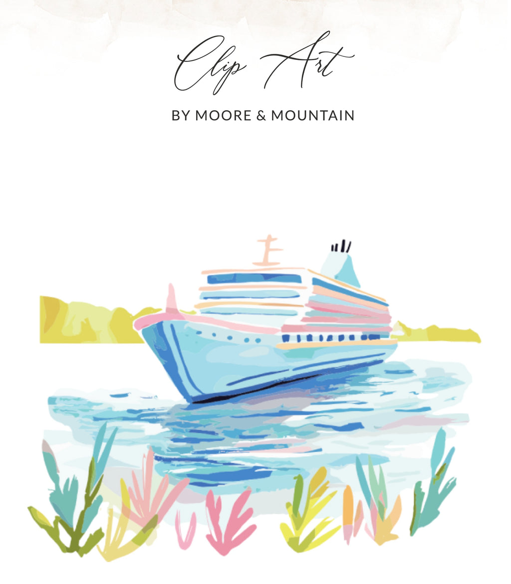 Cruise ship on water with colorful foliage in foreground.