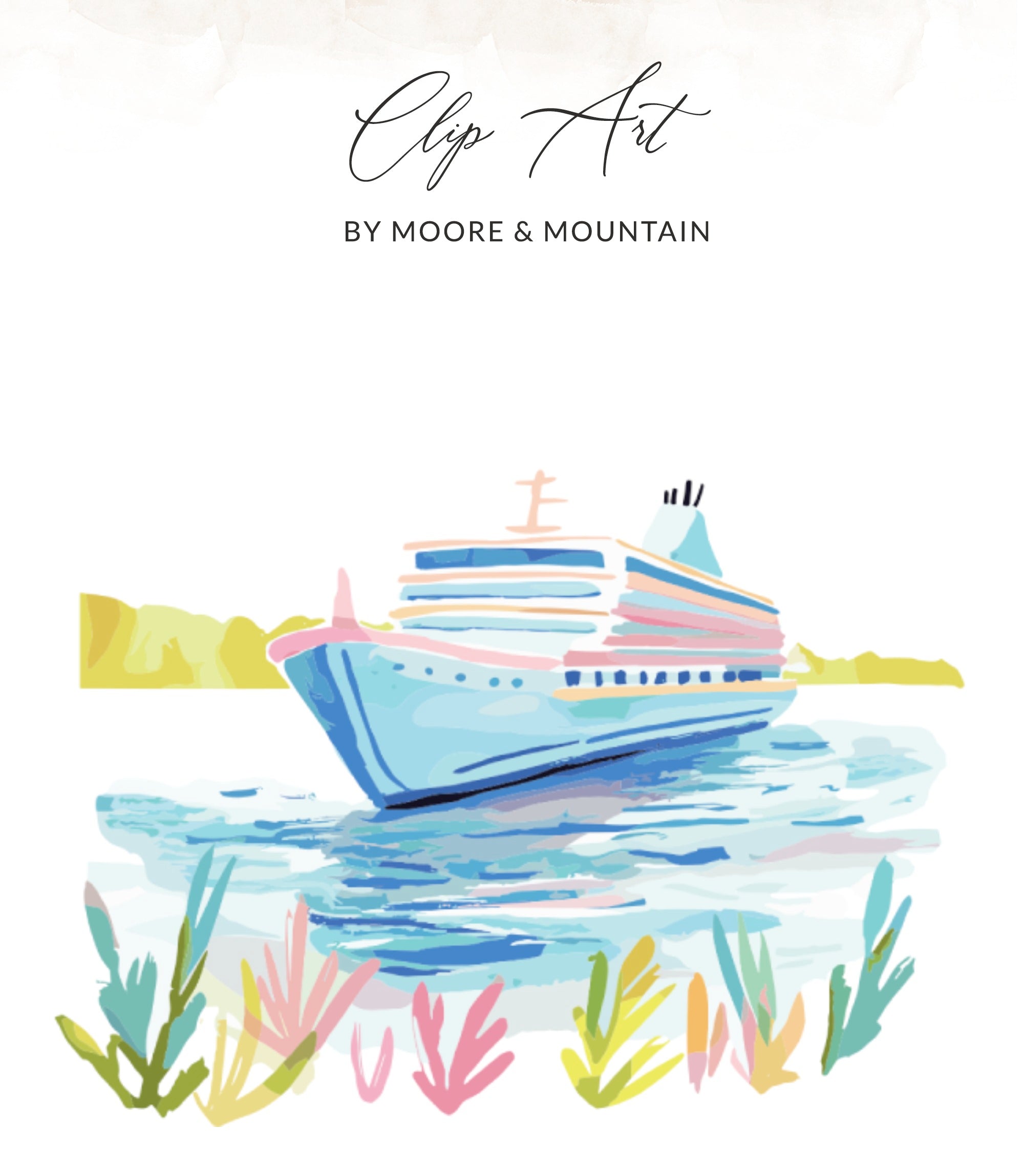 Cruise ship on water with colorful foliage in foreground.