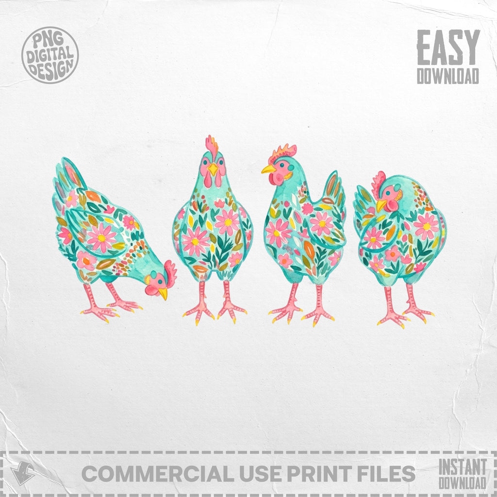 Four watercolor chickens with floral patterns and pink and teal coloring.