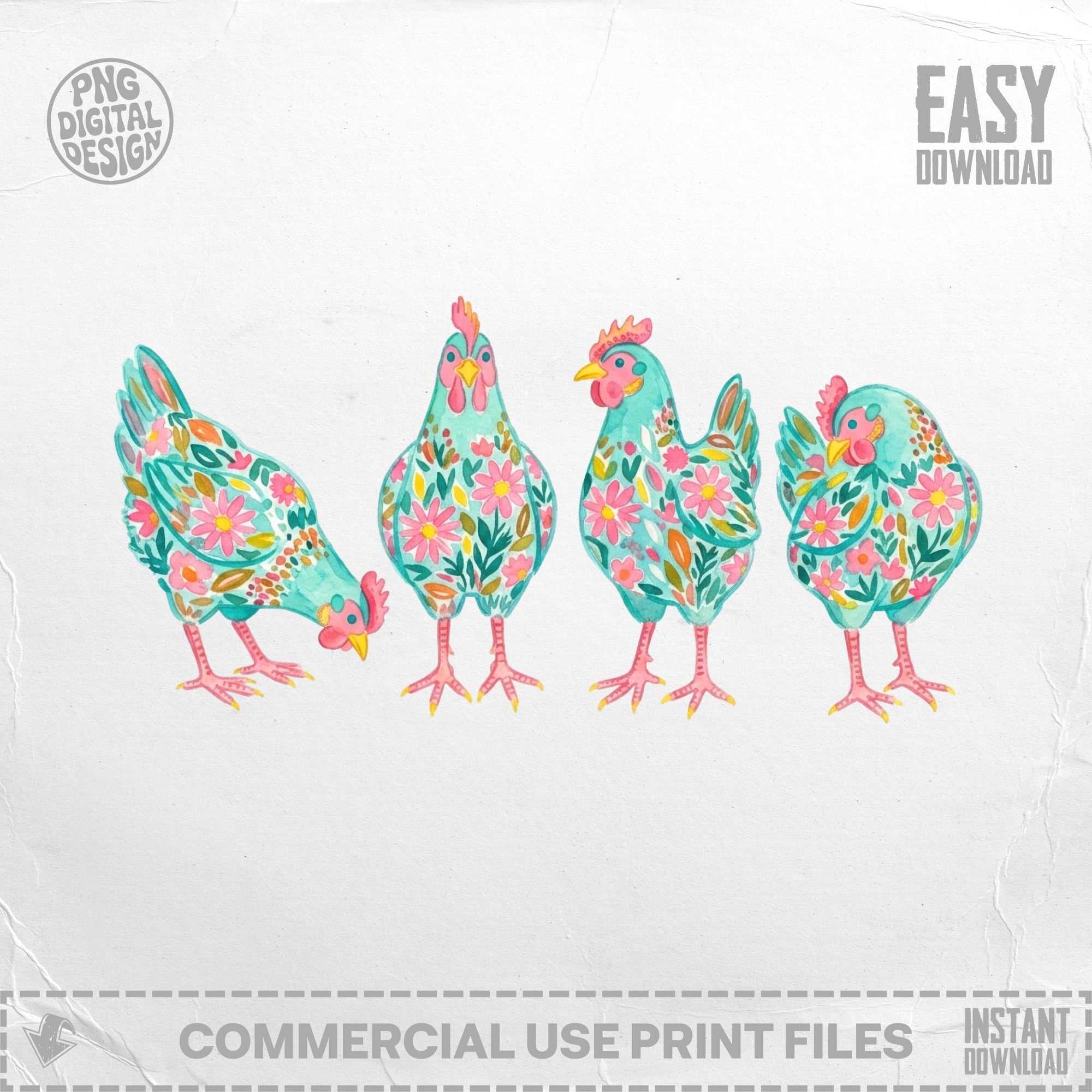 Four watercolor chickens with floral patterns and pink and teal coloring.