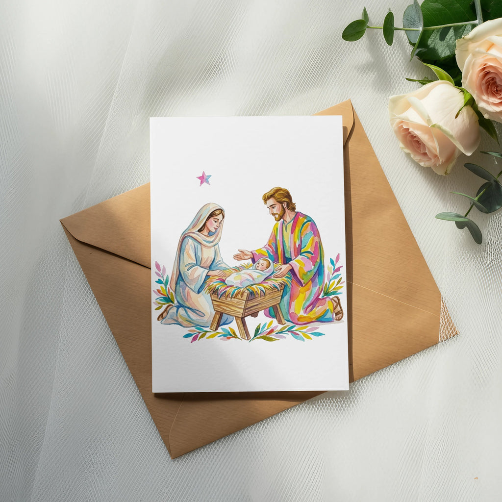 Nativity scene illustration on a card resting on a brown envelope with roses.