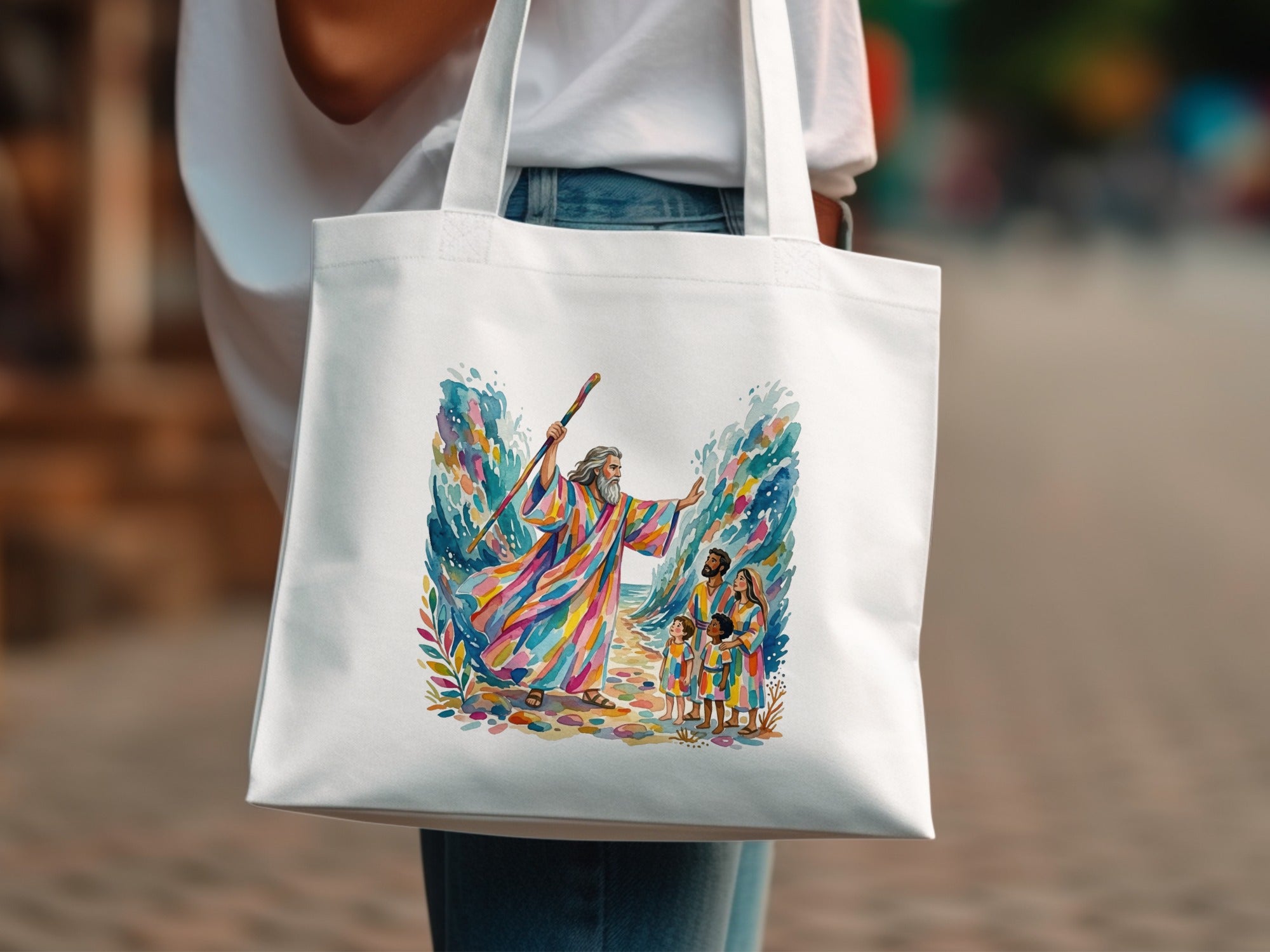 Illustration of Moses parting the Red Sea on a white tote bag.
