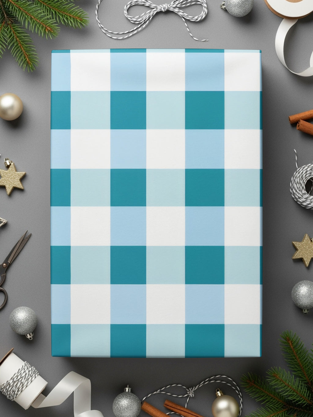 Festive Blue and White Checkered Gift Wrap Paper
