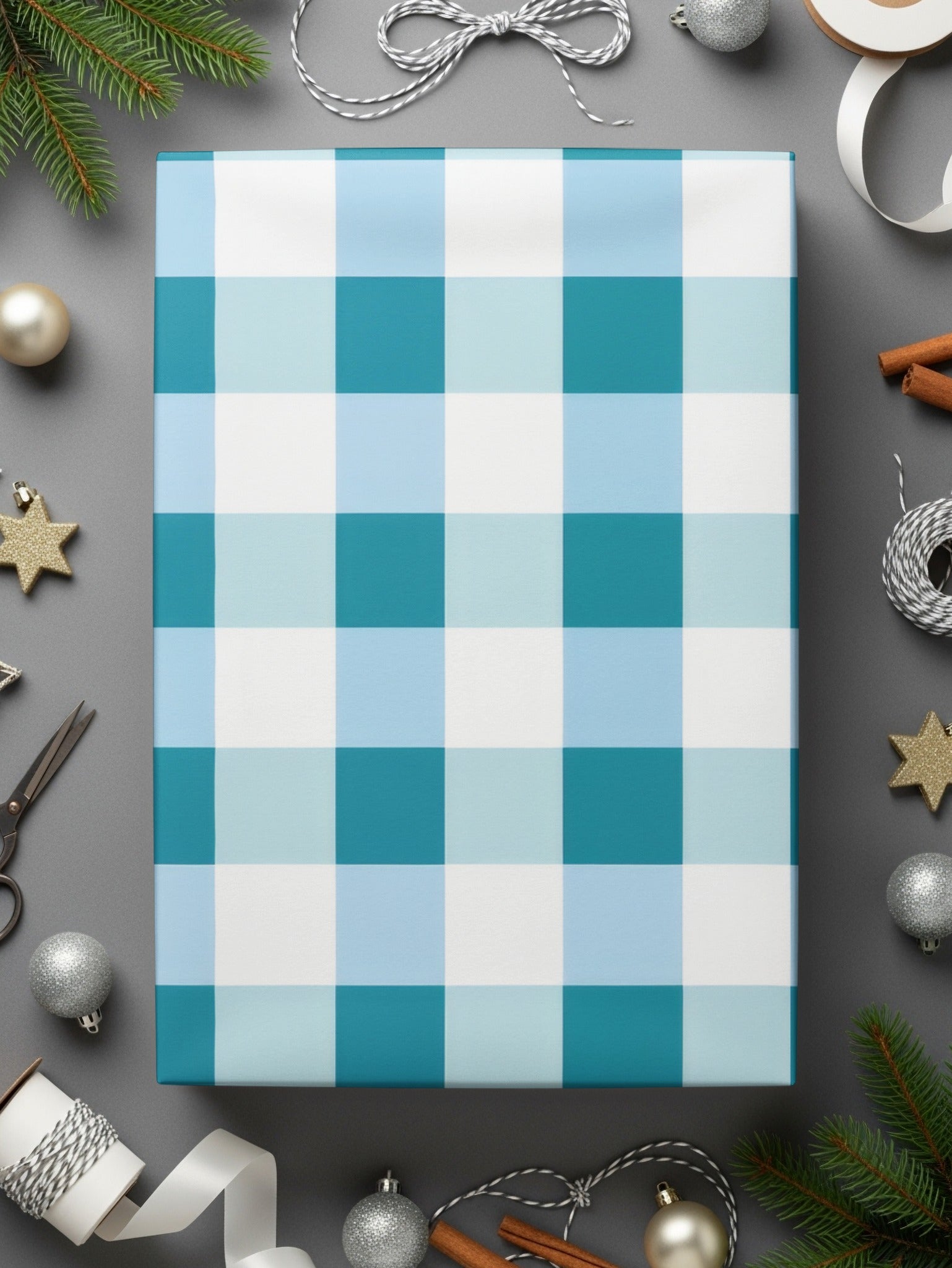 Festive Blue and White Checkered Gift Wrap Paper