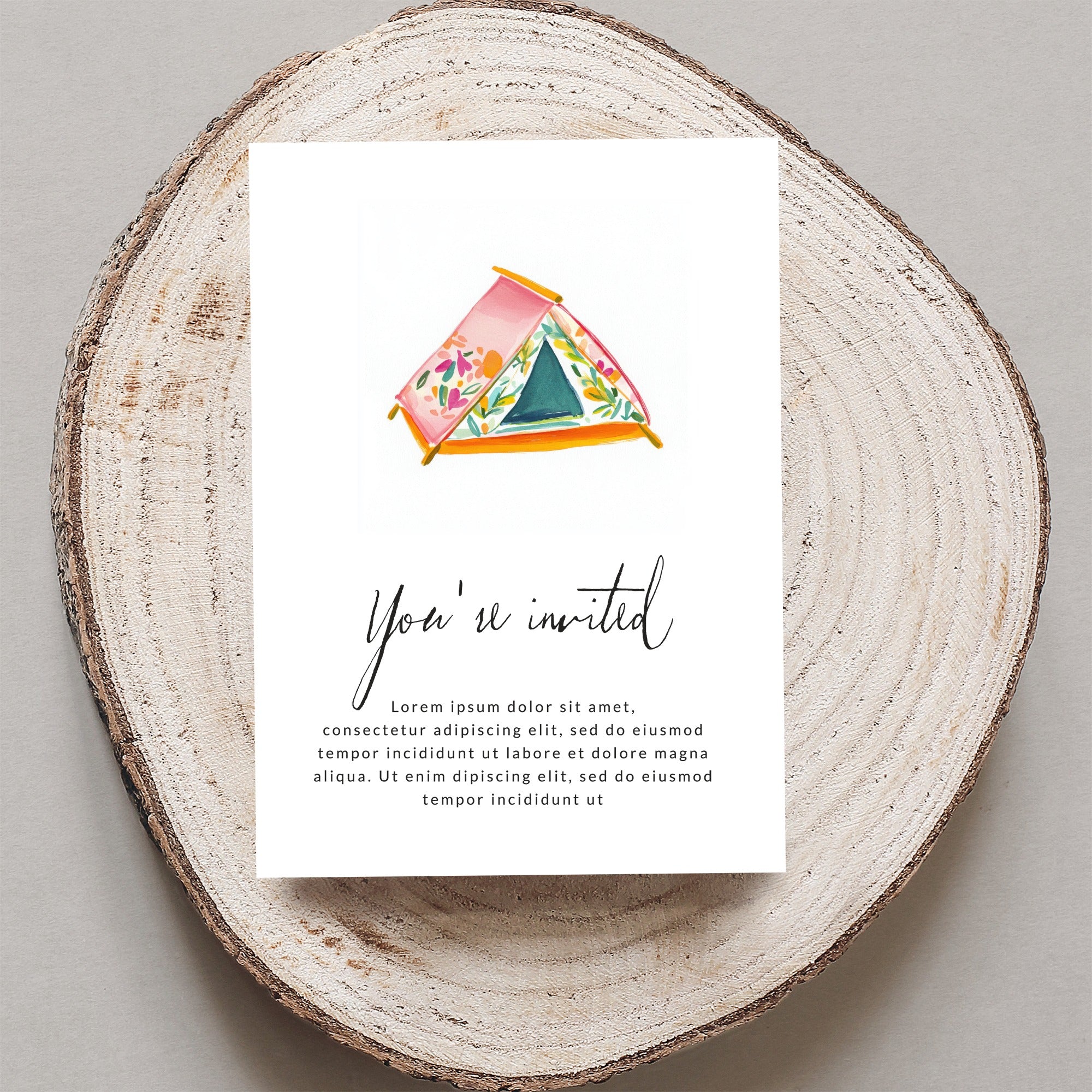 Invitation with floral tent illustration and "You're invited" text.