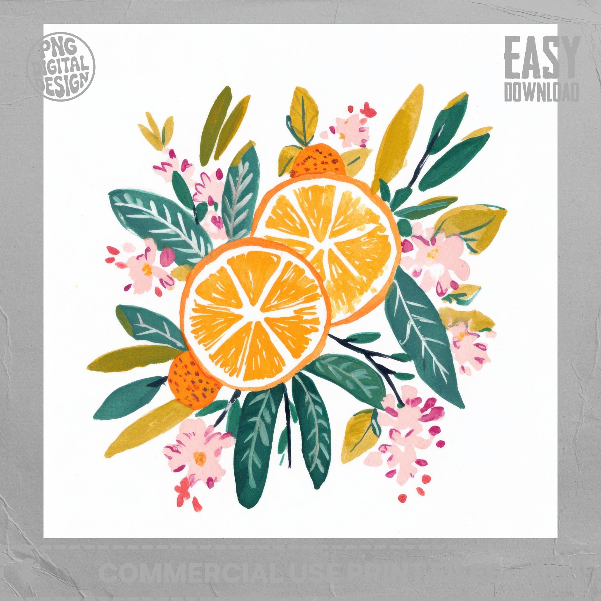 Illustration of sliced oranges with leaves and pink flowers.