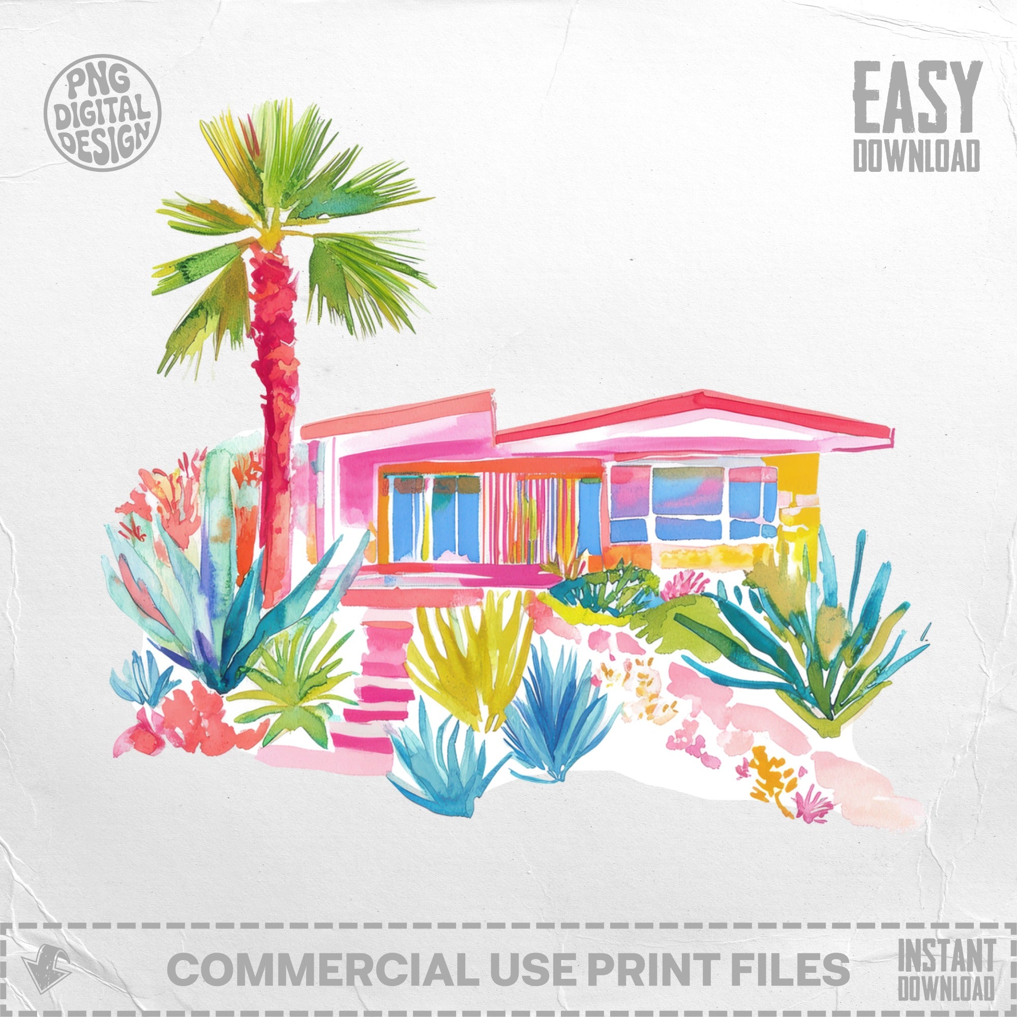 Pink mid-century modern house with palm tree and desert plants.