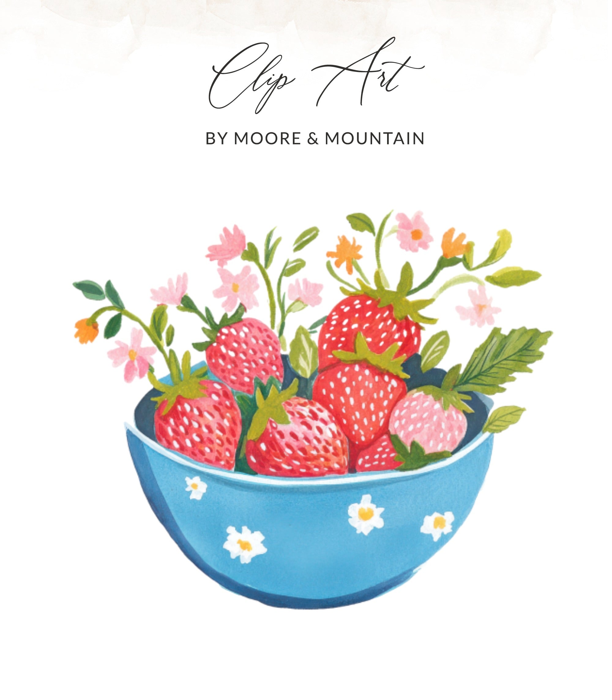 Blue bowl filled with strawberries and pink flowers, "Clip Art" title.