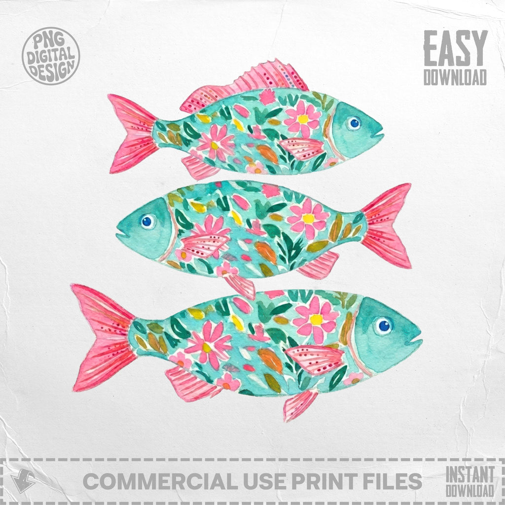 Three watercolor fish with floral patterns in teal, pink, and green.