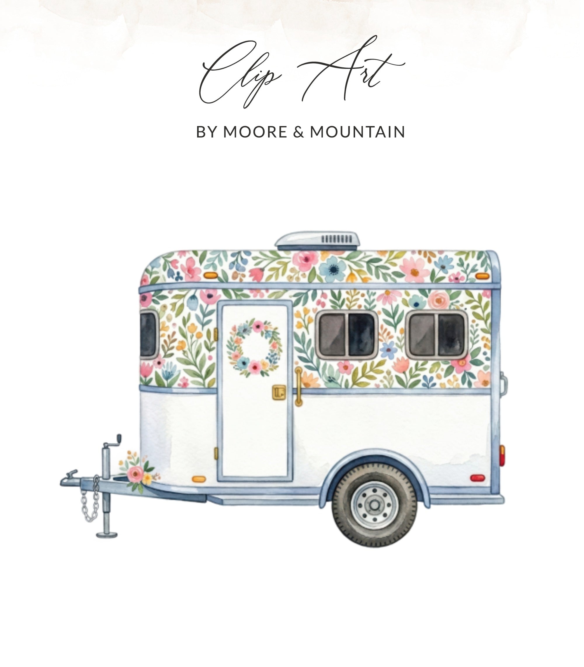 White trailer with floral pattern and wreath, "Clip Art" by Moore & Mountain.