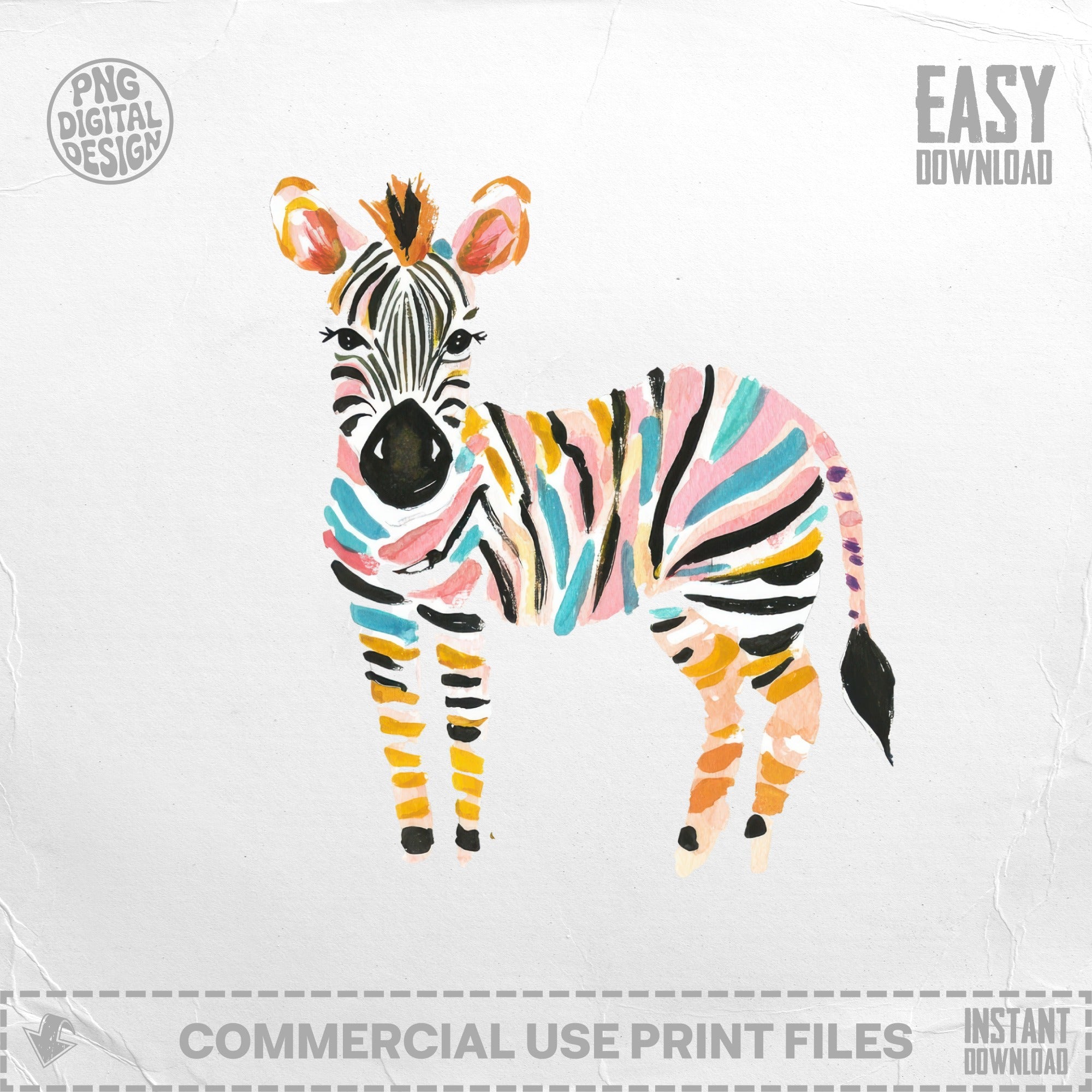 Colorful illustrated zebra with stripes and text "Easy Download".