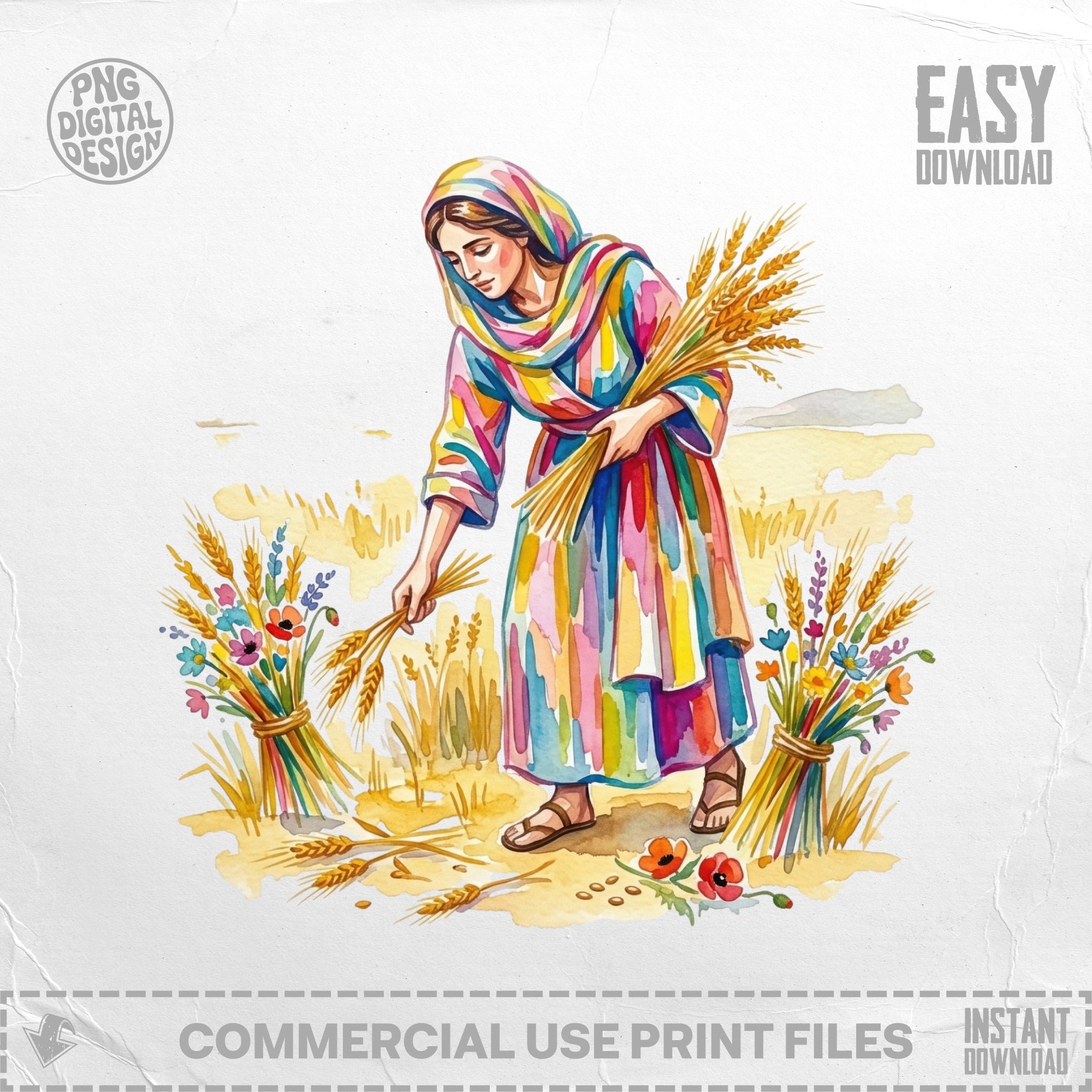 Woman in colorful dress gathering wheat and flowers, stylized digital art.