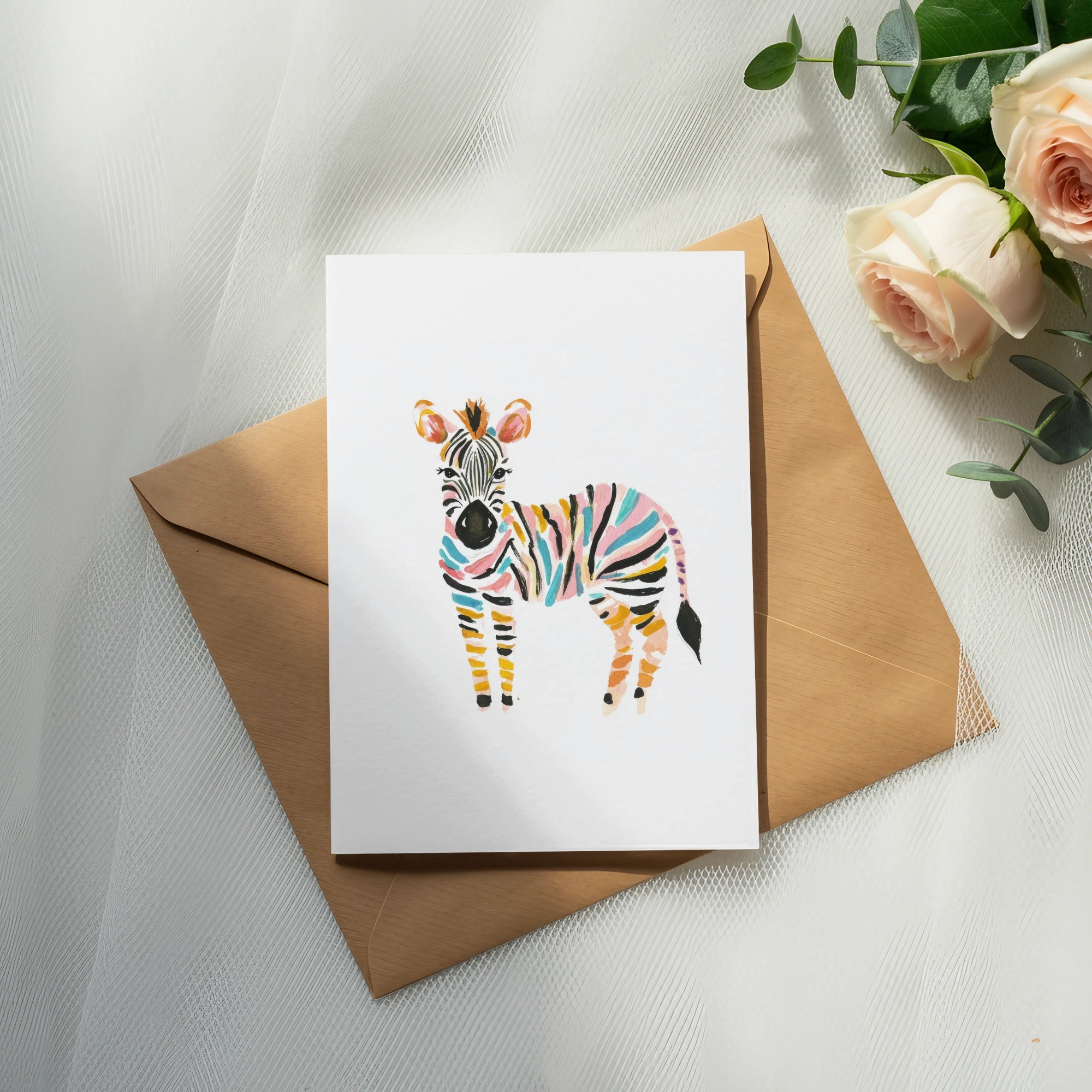 Watercolor zebra card with pink roses and eucalyptus on brown envelope.