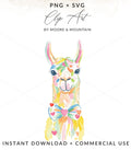 Watercolor llama with hearts and bow tie, PNG + SVG, Instant Download + Commercial Use.