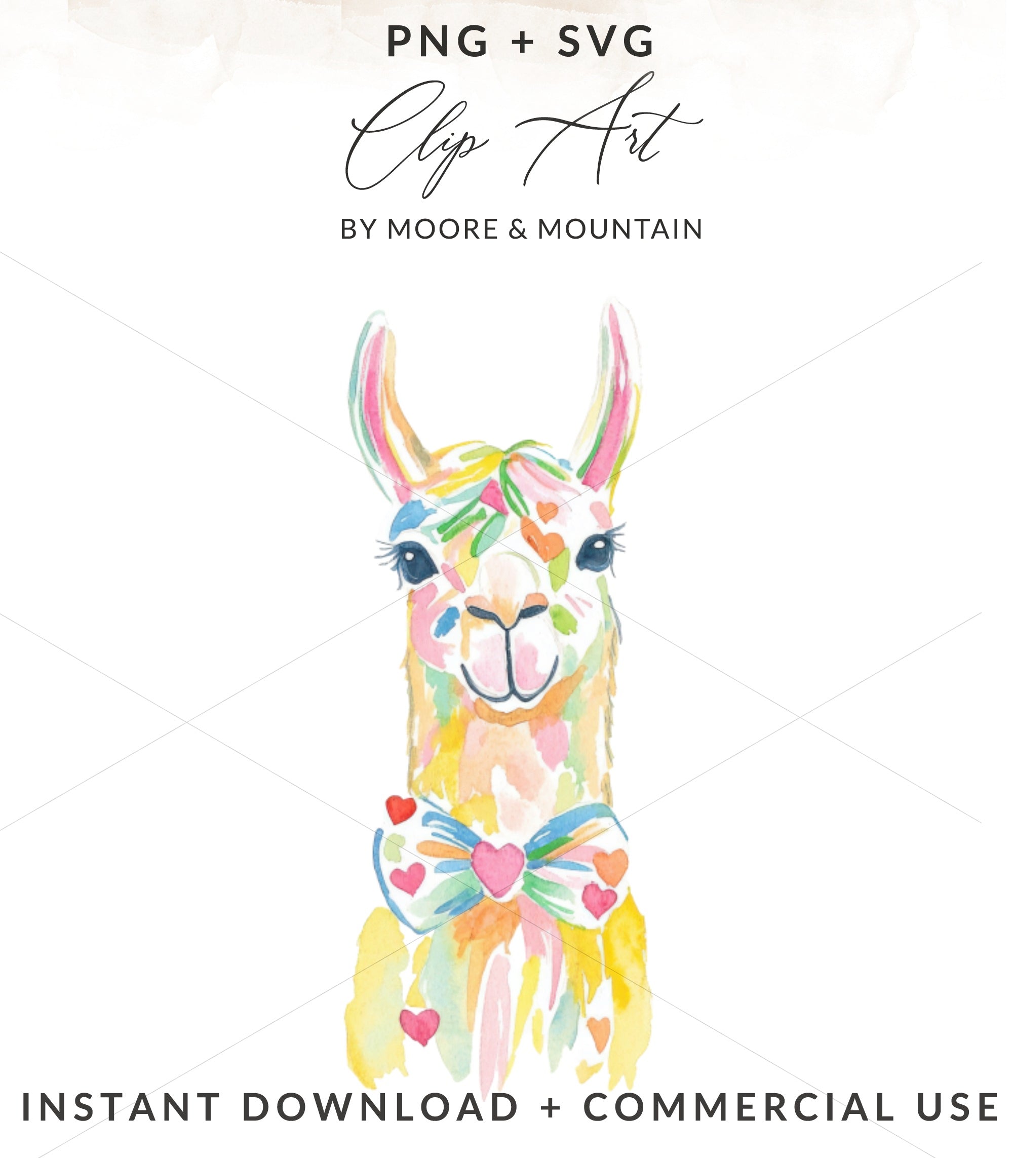 Watercolor llama with hearts and bow tie, PNG + SVG, Instant Download + Commercial Use.