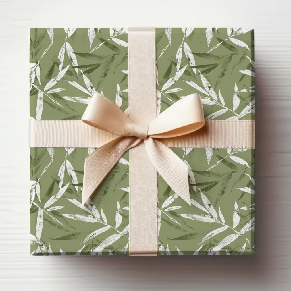 Green and White Leaf Print Gift Box with Ribbon