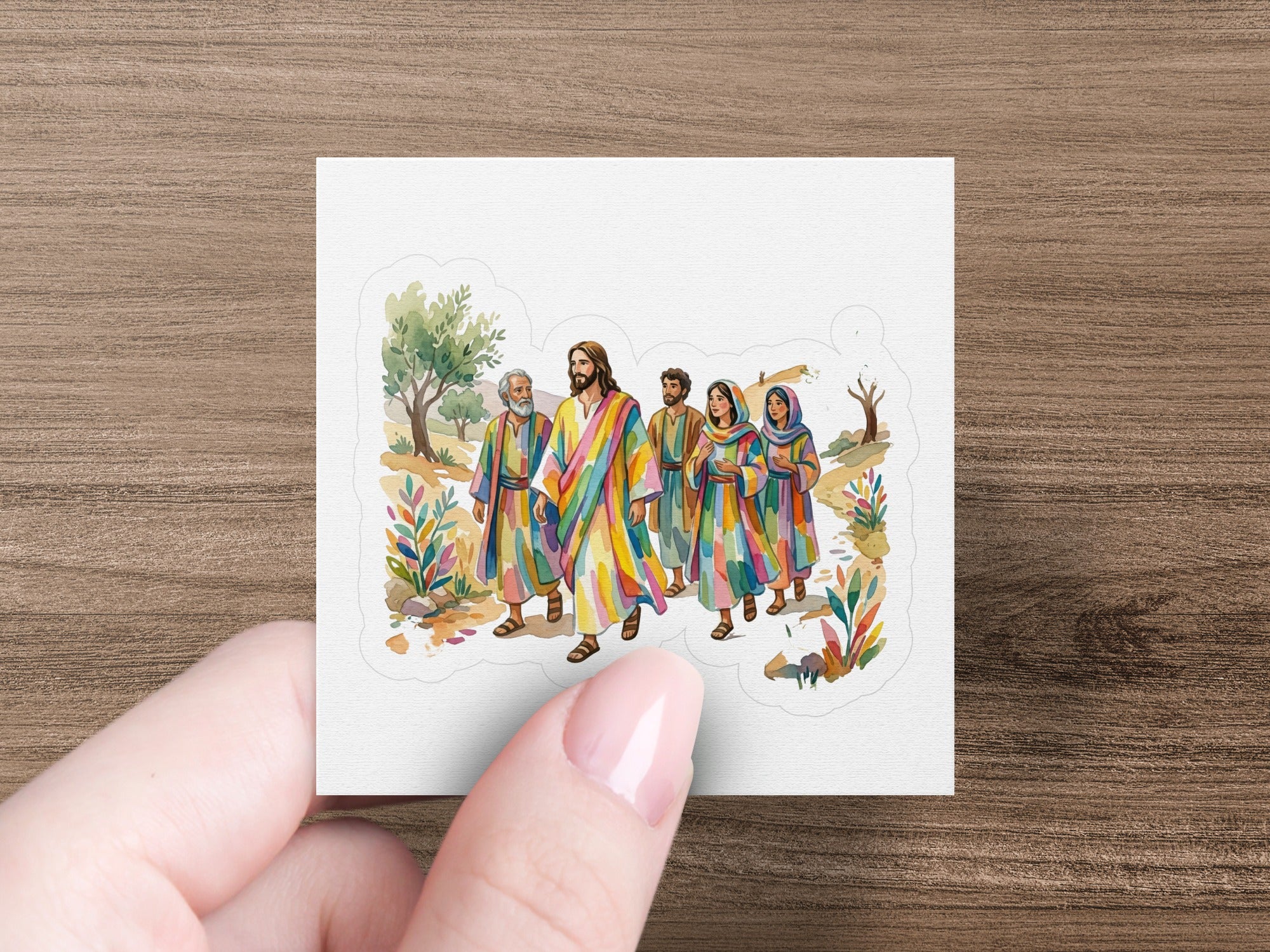 Jesus walks with four followers through a colorful, stylized landscape.