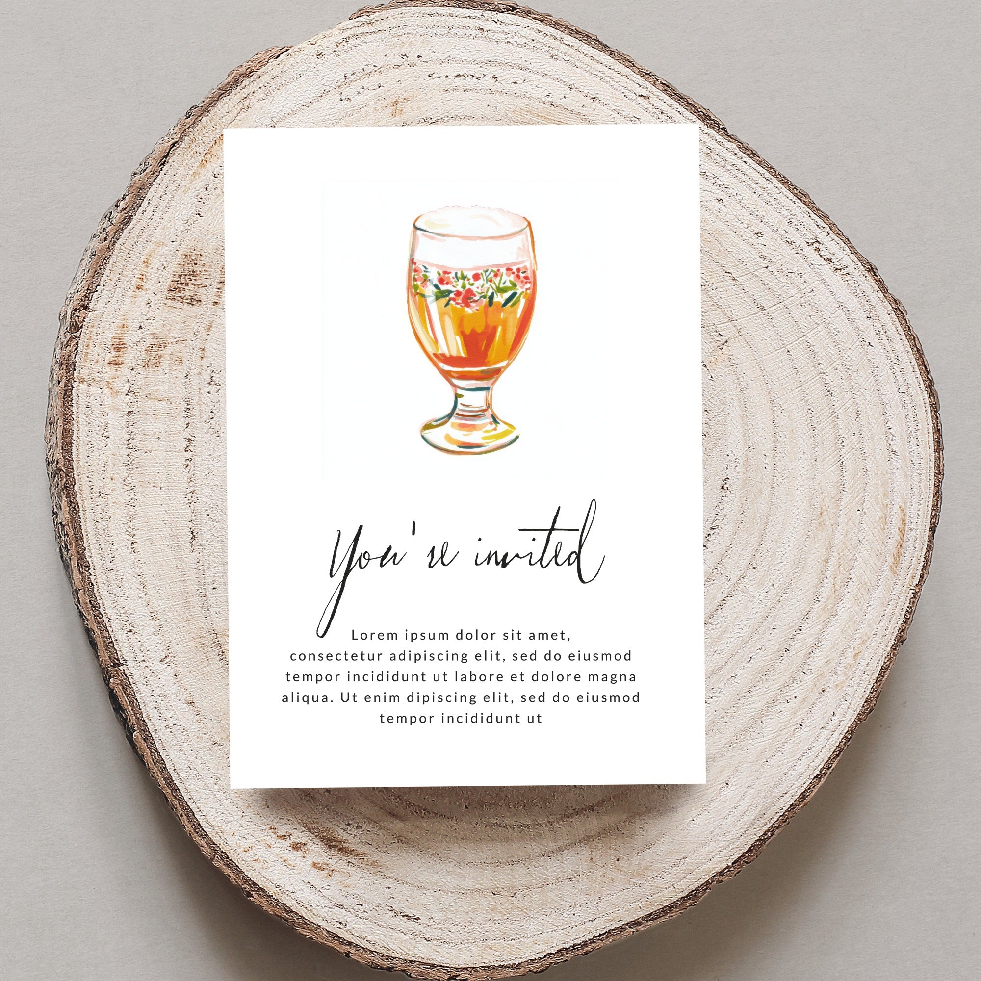 Invitation with a painted cocktail and "You're invited" text.