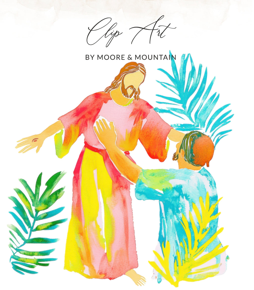 Jesus in pink robe touches kneeling man in blue robe with palm fronds.