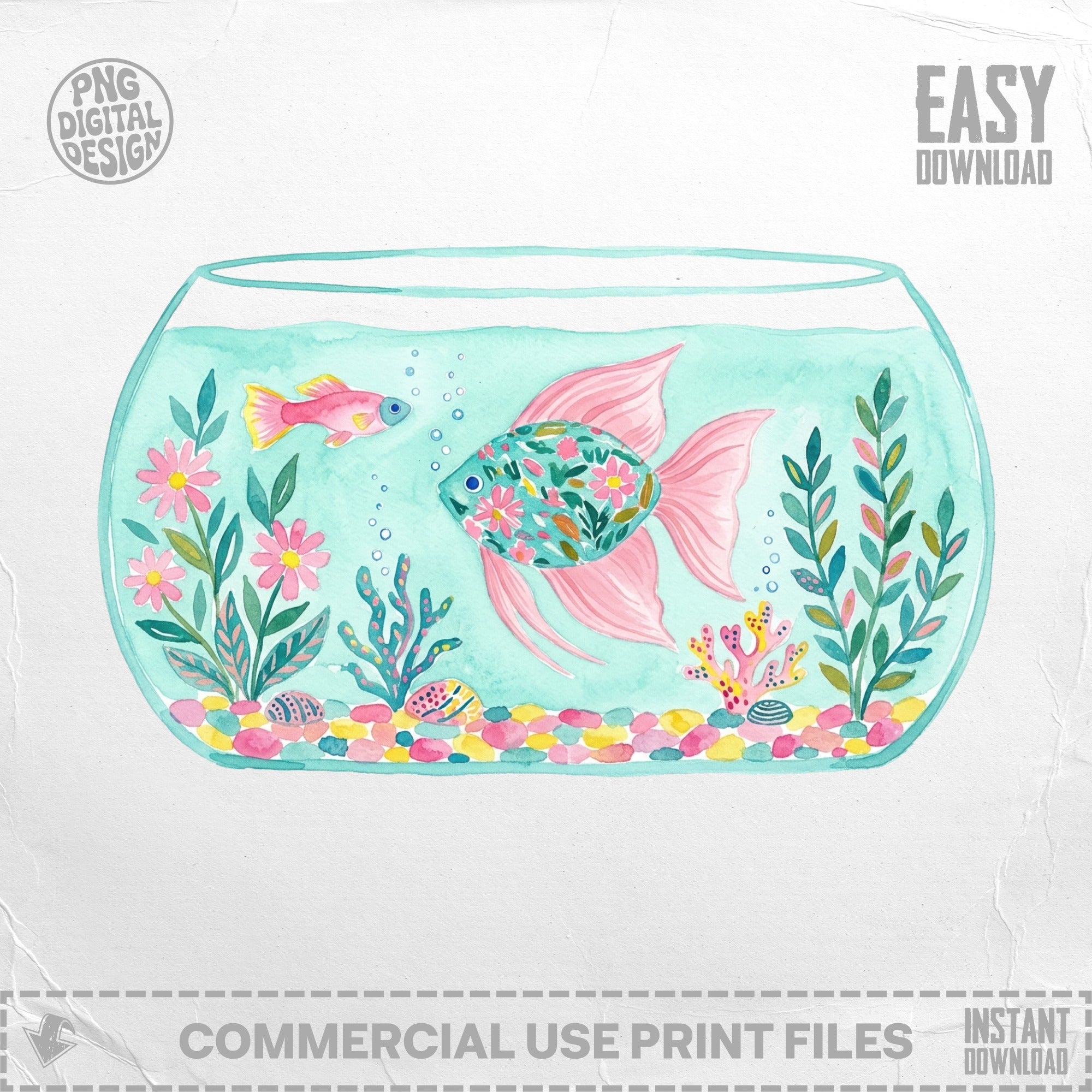 Watercolor illustration of two fish in a bowl with plants and decorative rocks.