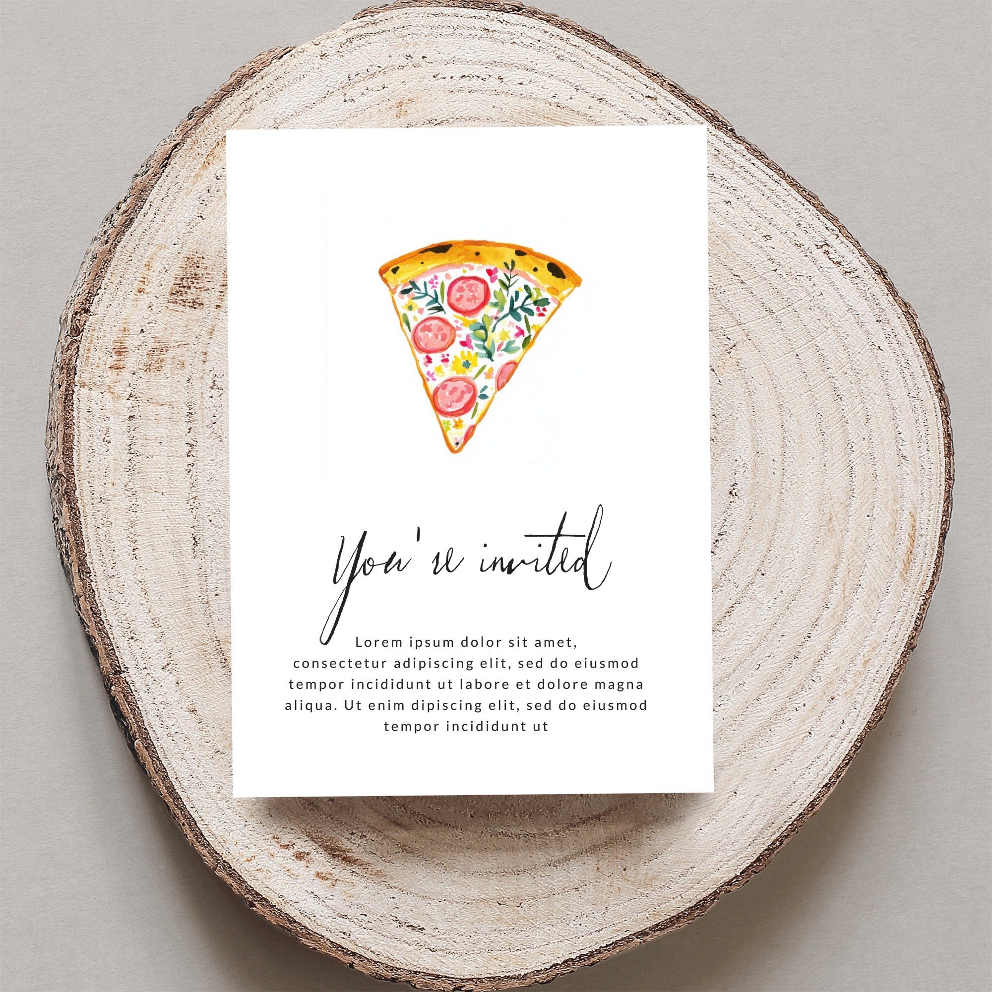 Invitation card with pizza slice art and "You're invited" text.