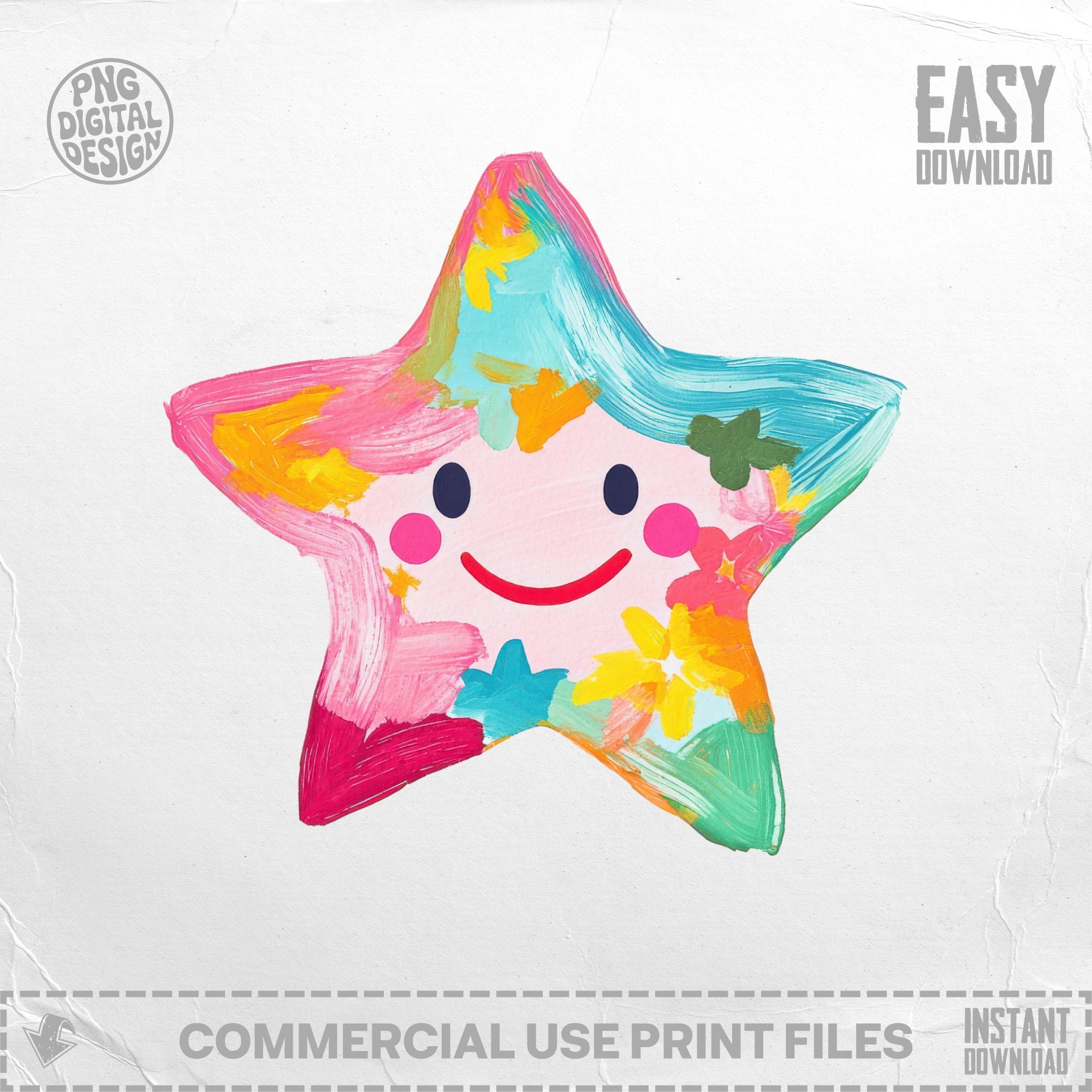 Colorful cartoon star with a happy face and floral accents.