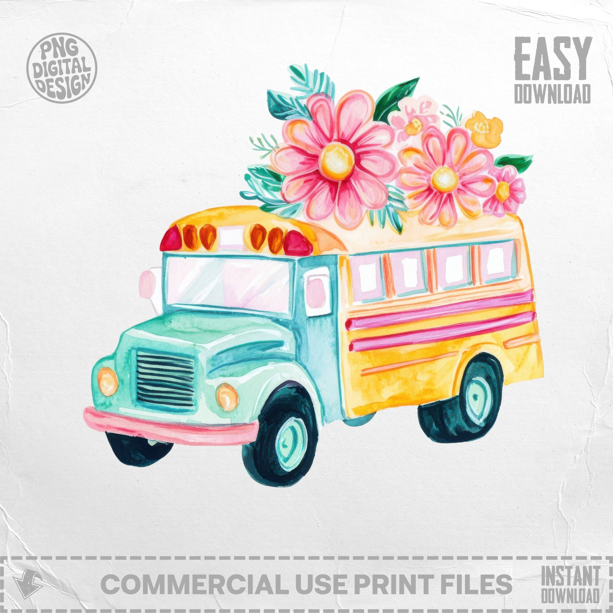 Watercolor illustration of a yellow and teal school bus with pink and orange flowers.