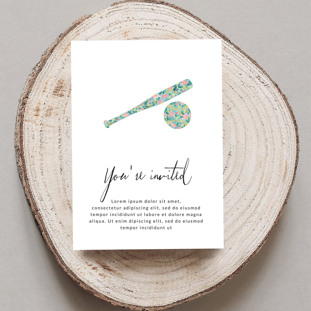 Invitation with floral baseball bat and ball, "You're invited" text.