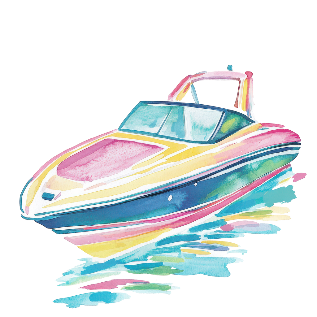 Watercolor painting of a colorful speedboat on choppy, blue, pink, and yellow water.