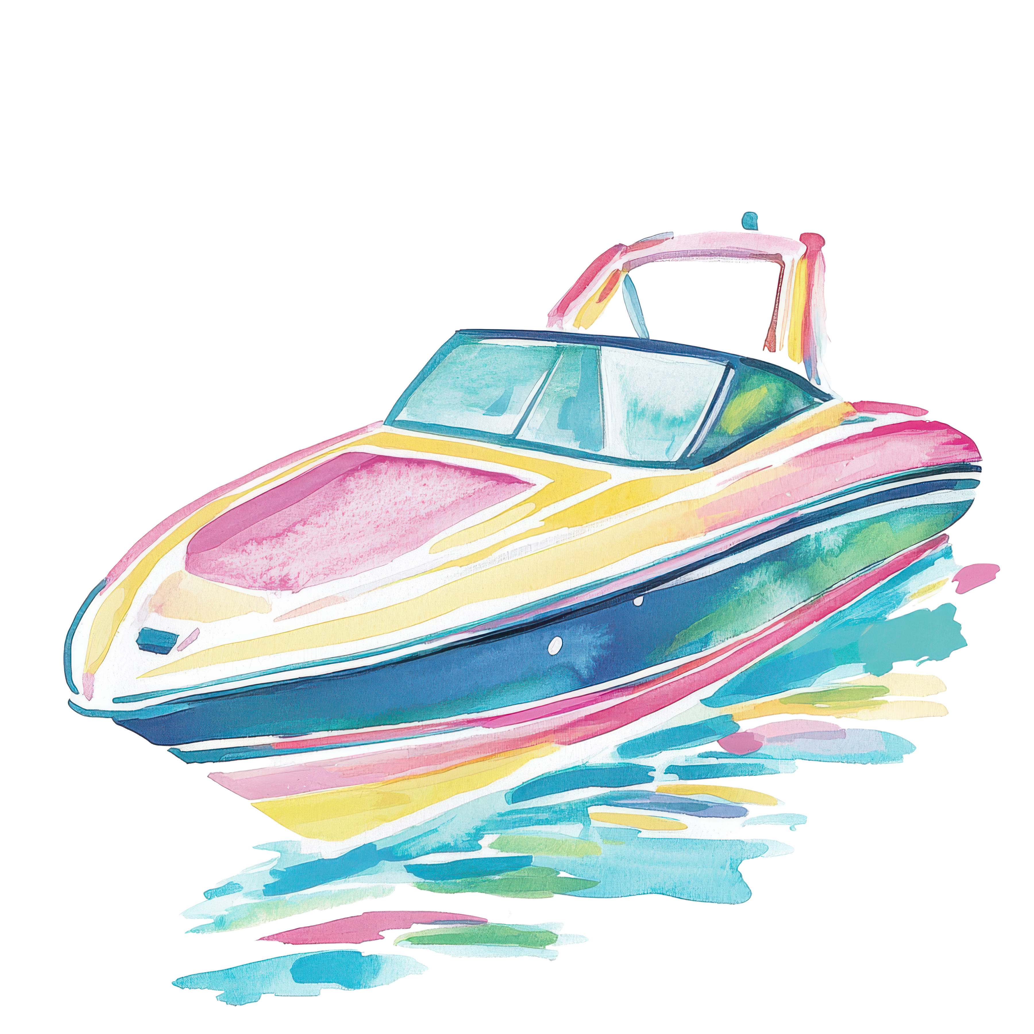 Watercolor painting of a colorful speedboat on choppy, blue, pink, and yellow water.