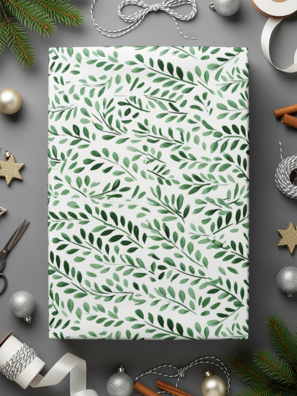 Festive Green Leaf Pattern Holiday Wrapping Paper