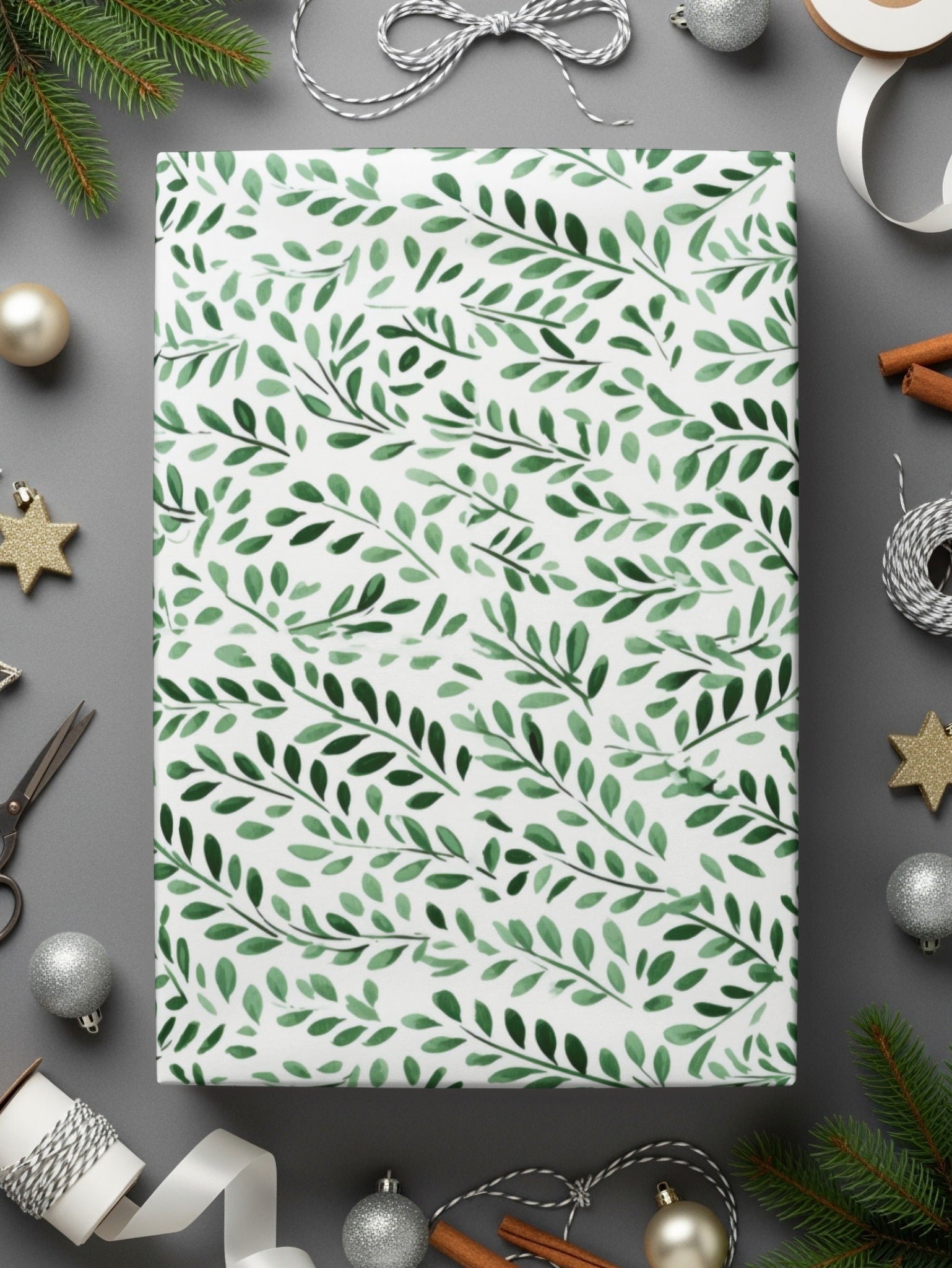 Festive Green Leaf Pattern Holiday Wrapping Paper