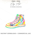 Colorful abstract pattern high-top sneaker with "Moore & Mountain" text.