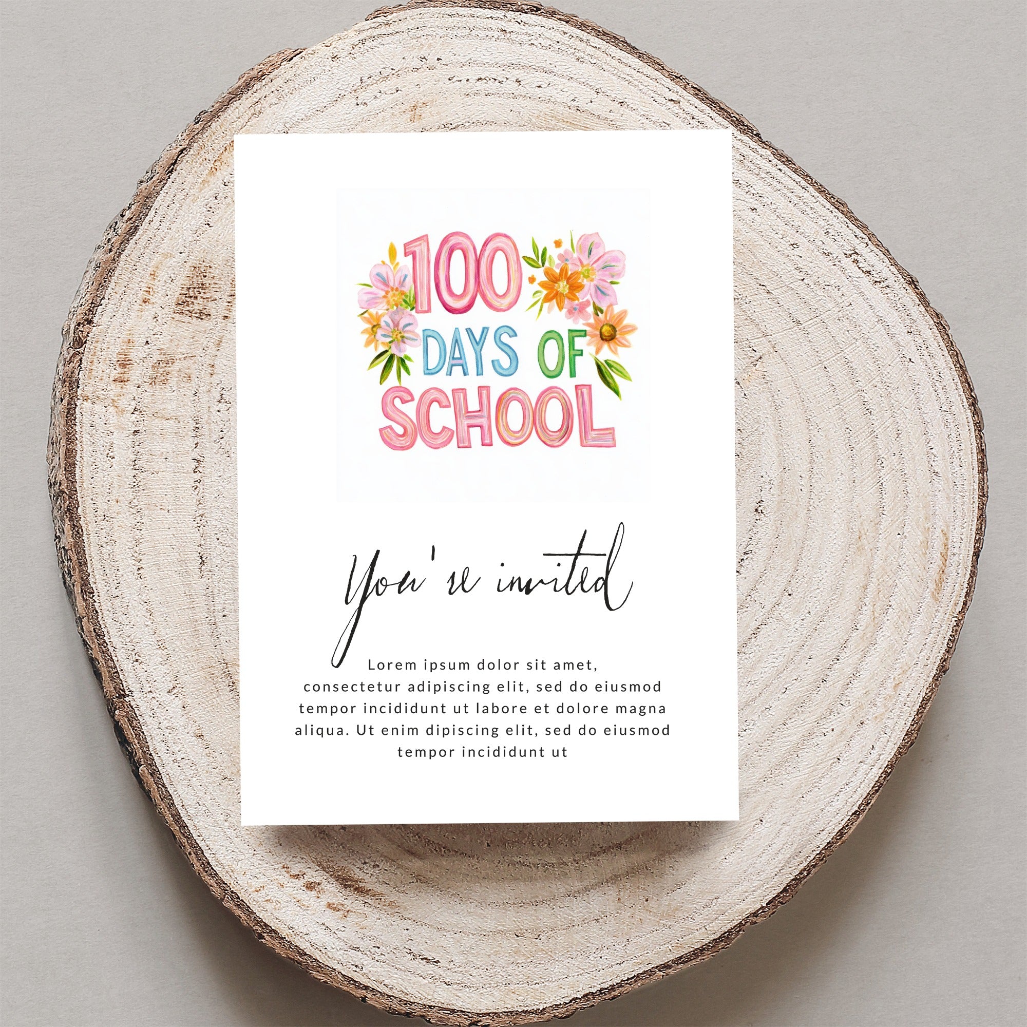 Invitation for "100 Days of School" with floral accents and placeholder text.