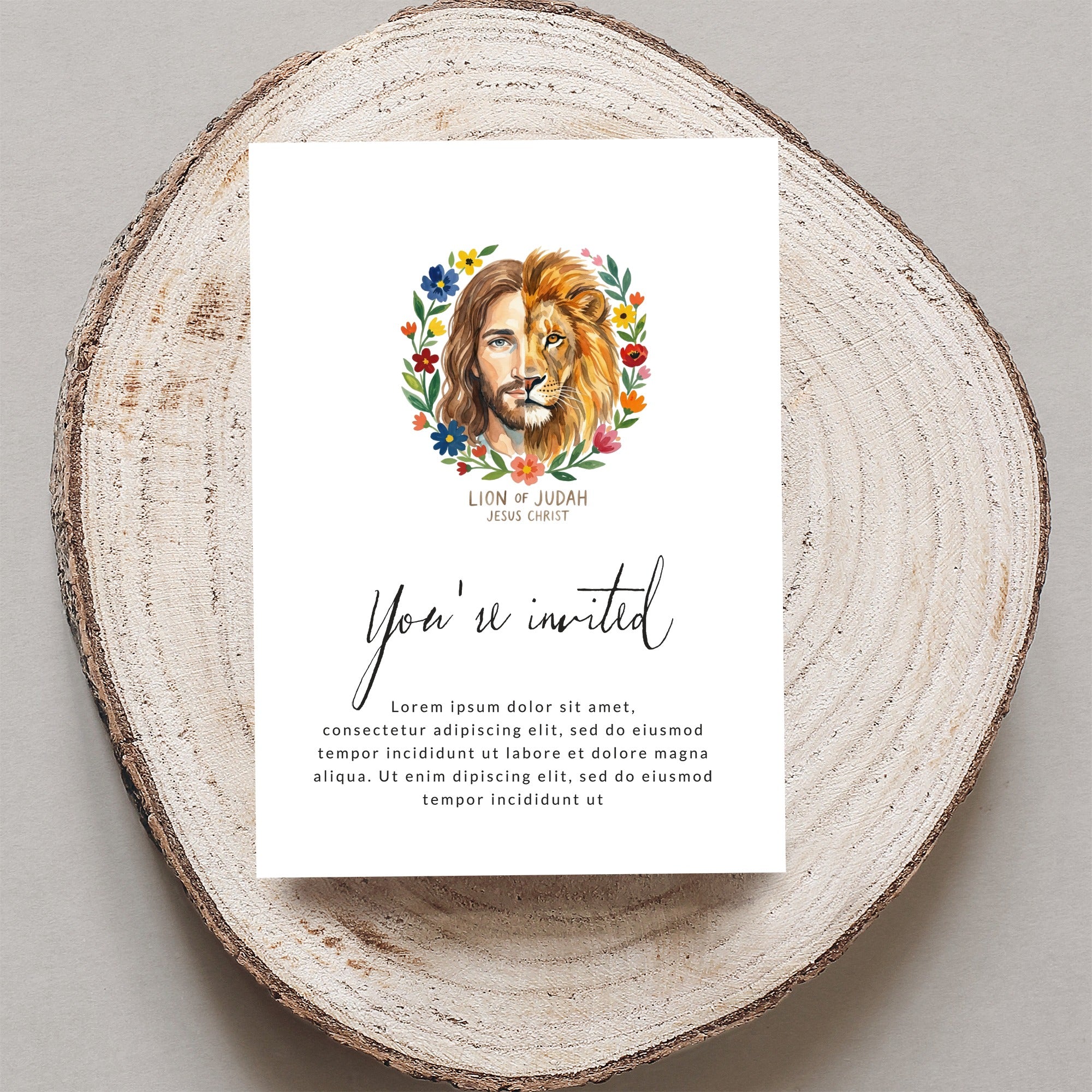 Invitation with "Lion of Judah Jesus Christ" and floral border.